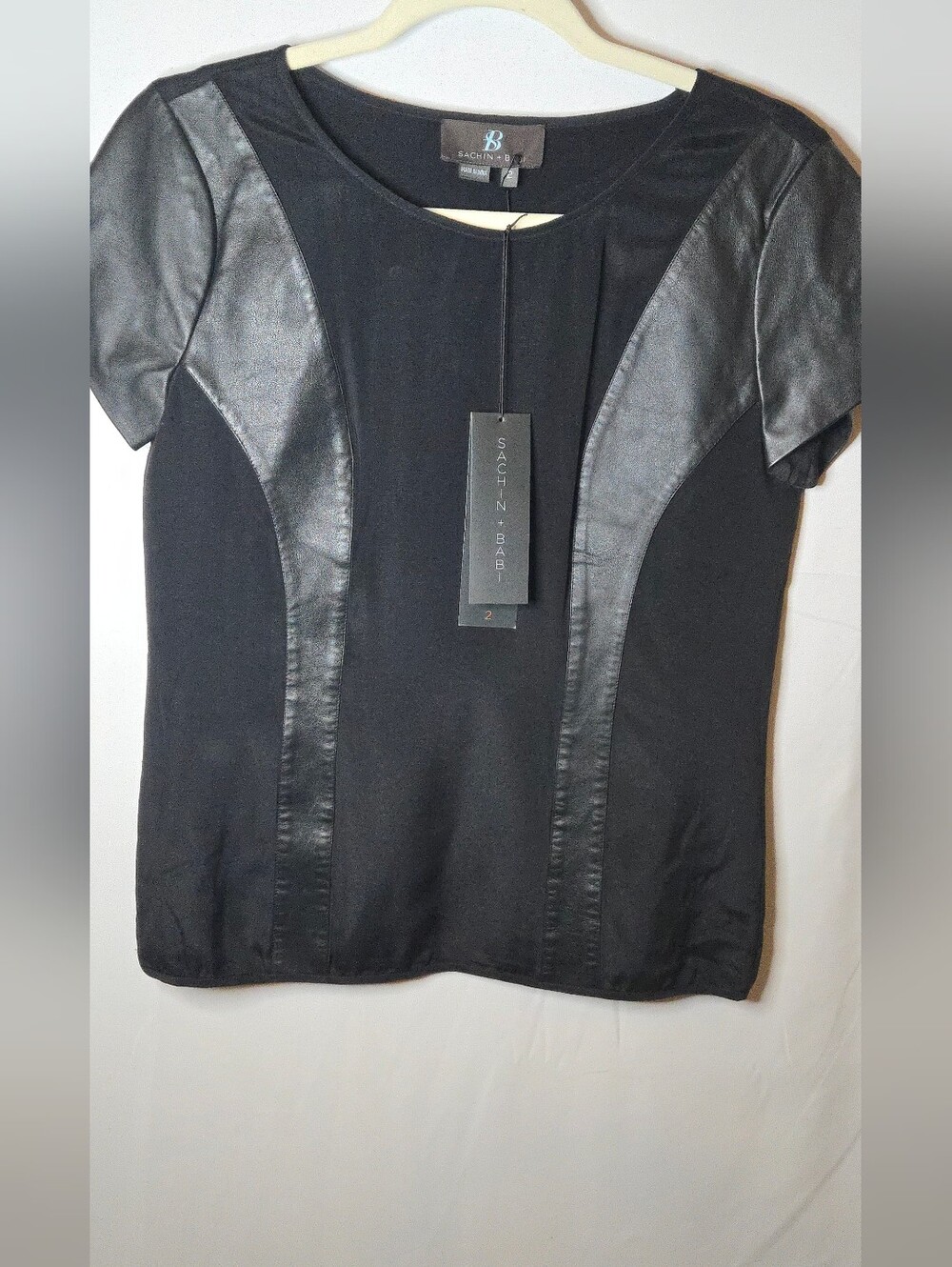 NWT Sachin + Babi Raina Silk Black Short Sleeve Top Lamb Leather Panels Women 2
